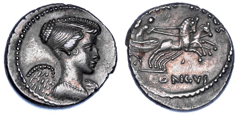 MARCO ANTONIO E FULVIA (prima moglie di Marco Antonio). Denario, anno 42. L. Mussidius Longus.  - Asta Numismatica - Cambi Casa d'Aste