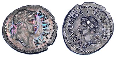 Giuba II, Denario con testa diademata di Giuba e busto diademato di Cleopatra Selene, circa 11-23...