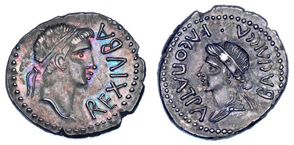 REGNO DI MAURITANIA. GIUBA II - CLEOPATRA SELENE, 15 a.C. - 23 d.C. Denario, circa anni 11-23 d.C. Cesarea.