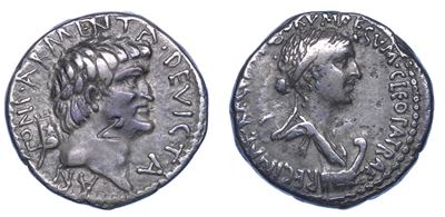 Marco Antonio e Cleopatra, Denario commemorativo, anno 34 a.C., Zecca incerta in Oriente