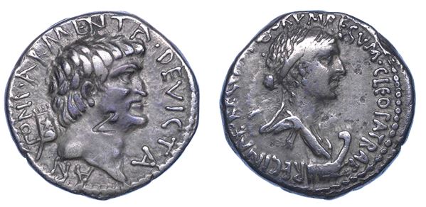 MARCO ANTONIO E CLEOPATRA. Denario, anno 34. Zecca incerta in Oriente (Calcide?).