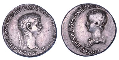 Claudio, Denario con ritratto della Testa laureata e Busto di Nerone (41-54 d.C.)