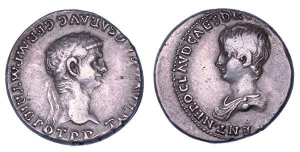 CLAUDIO E NERONE, 41-54. Denario, anni 50-54.