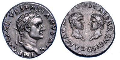 Vespasiano, Denario con figurine di Tito e Domiziano, Roma, 70 d.C.