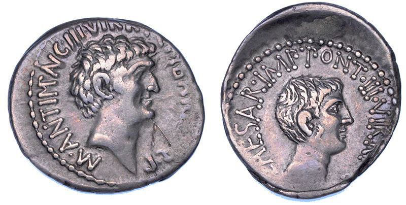 MARCO ANTONIO E OTTAVIANO. Denario, circa anno 41. M. Barbatius con Marco Antonio.  - Auction Numismatics - Cambi Casa d'Aste