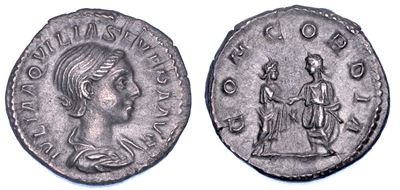 AQUILIA SEVERA, Denario con busto drappeggiato e raffigurazione di Eliogabalo e Aquilia Severa
