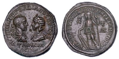 Gordiano III e Tranquillina, Busto drappeggiato e corazzato in bronzo, Marcianopoli, 241-244 d.C.