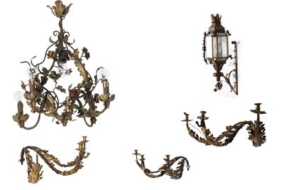 Insieme di Appliques e Lampadario in Ferro