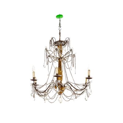 Lampadario in Legno Dorato e Cristalli