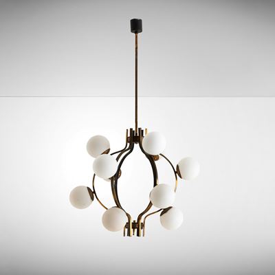 Lampada a sospensione in ottone e vetro opalino, circa 1950