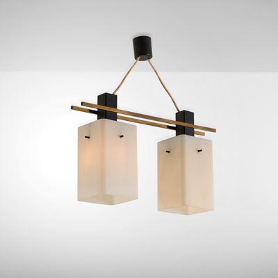 Lampada a sospensione in ottone e metallo con diffusori in metacrilato, circa 1960