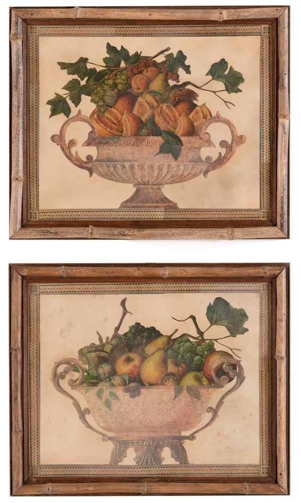 Coppia di stampe collages con frutta