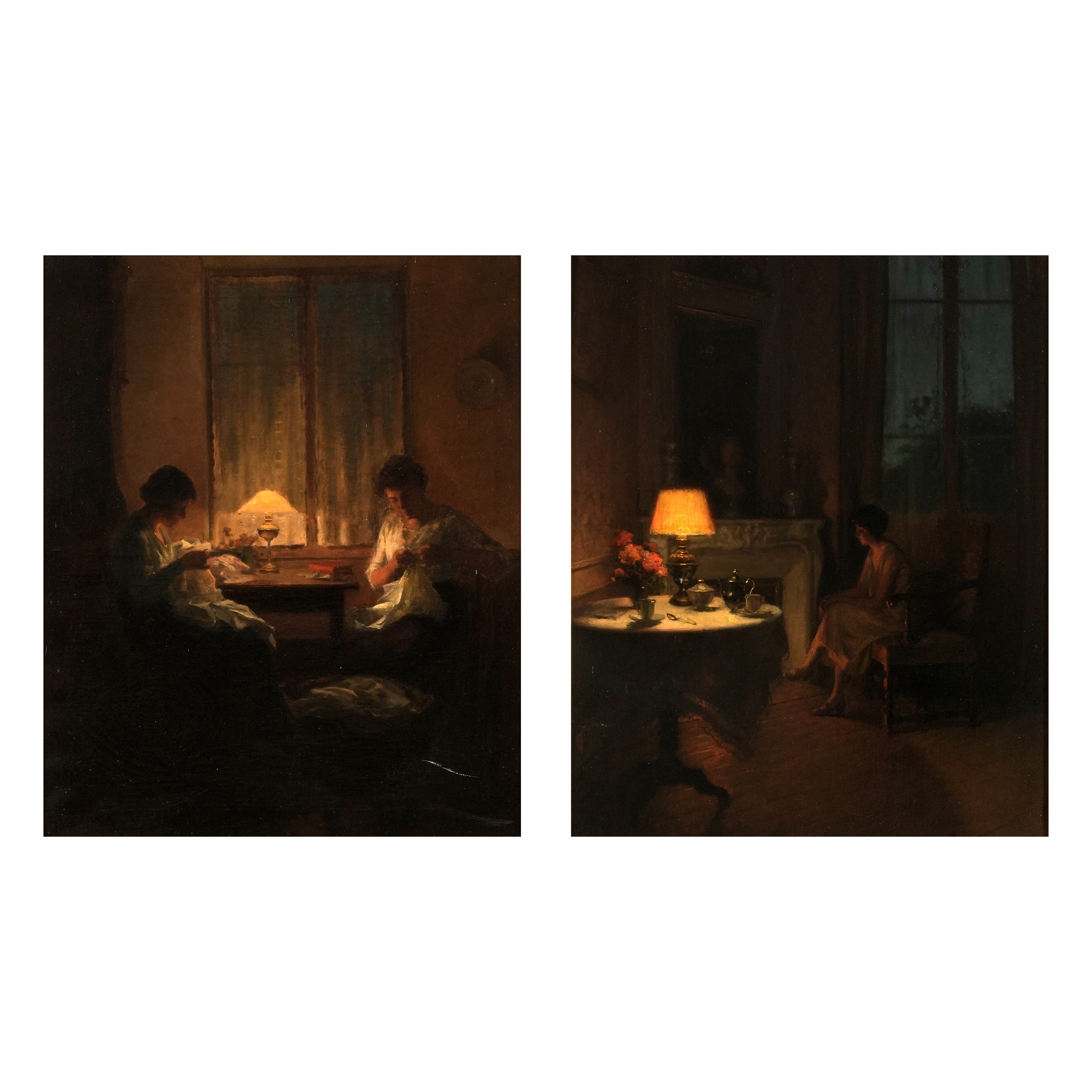 Marcel Rieder - Scene d’interno, coppia di dipinti ad olio su tela