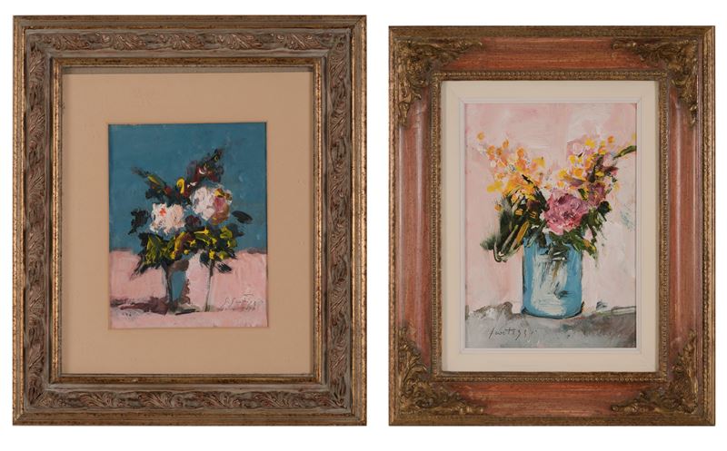 Sergio Scatizzi : Due nature morte con rose  - tempera su carta - Asta Dipinti del XIX-XX Secolo - Cambi Casa d'Aste