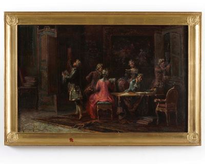 Interno con figure - olio su tavola