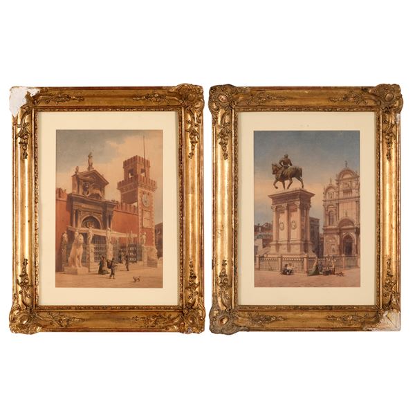 Coppia di acquerelli con vedute veneziane