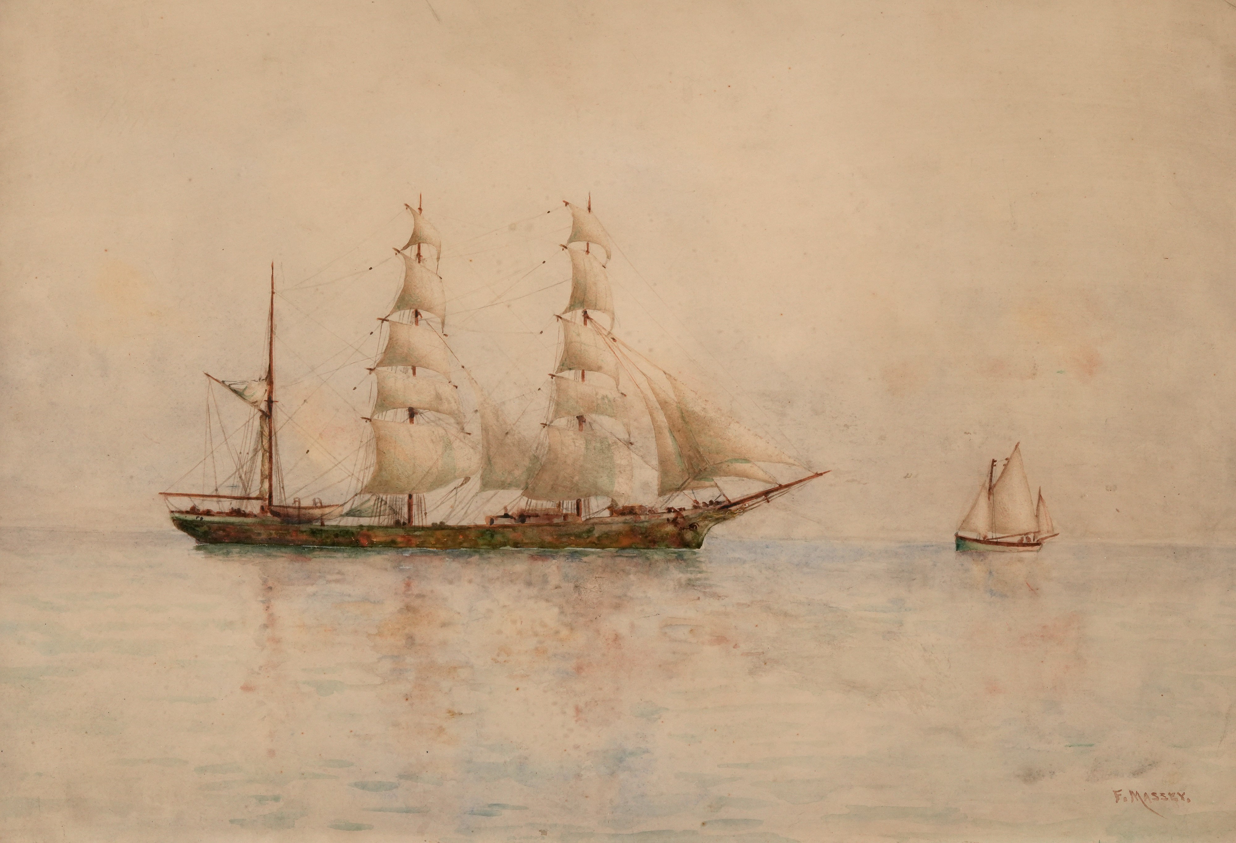 Frederick Massey, Velieri in navigazione, acquerello su carta