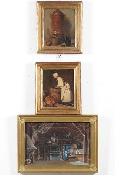 Acquerello con scena d'interno e coppia di dipinti su cartone, dimensioni varibili fino a 49 x 34...