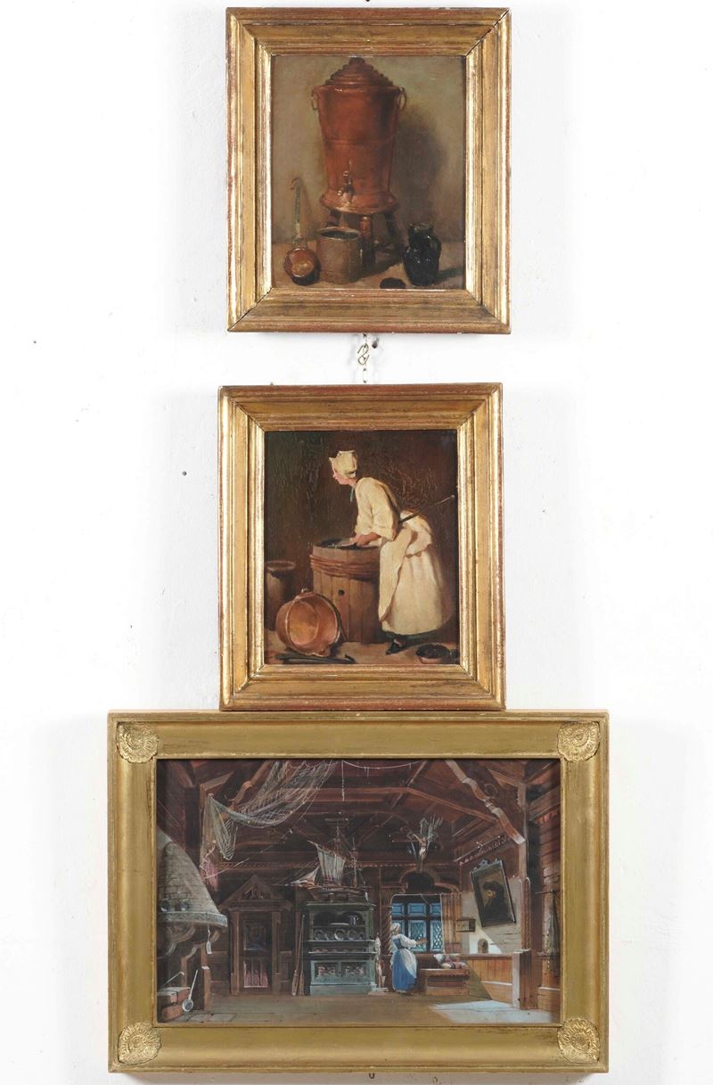 Acquerello con scena d’interno e coppia di dipinti su cartone  - Auction 19th and 20th Century Paintings - Cambi Casa d'Aste