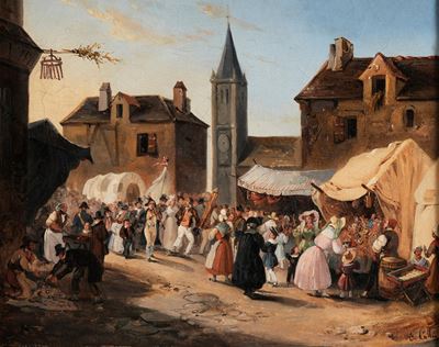 E. Collin, Veduta di paese con mercato, olio su tela