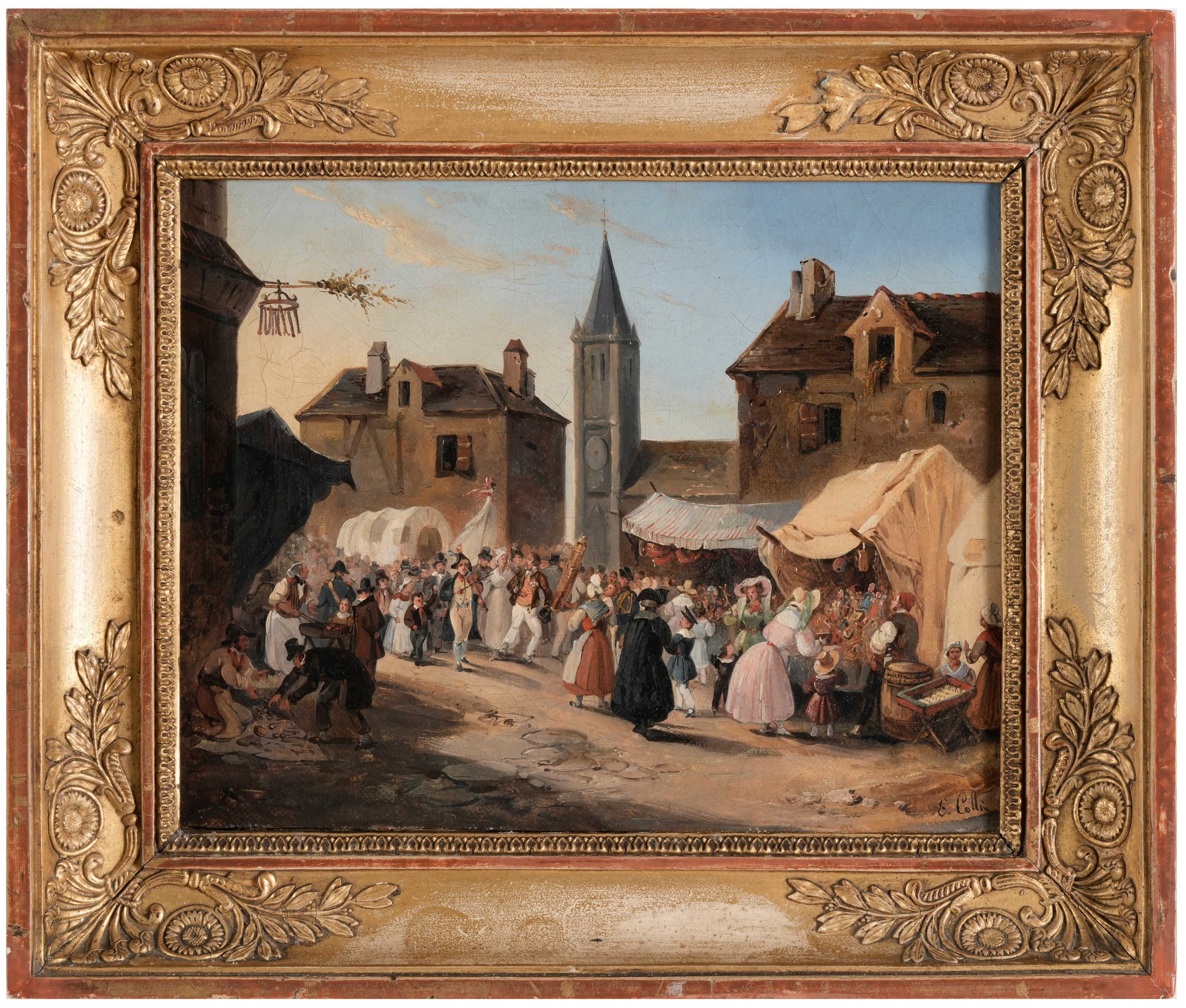 E. Collin, Veduta di paese con mercato, olio su tela