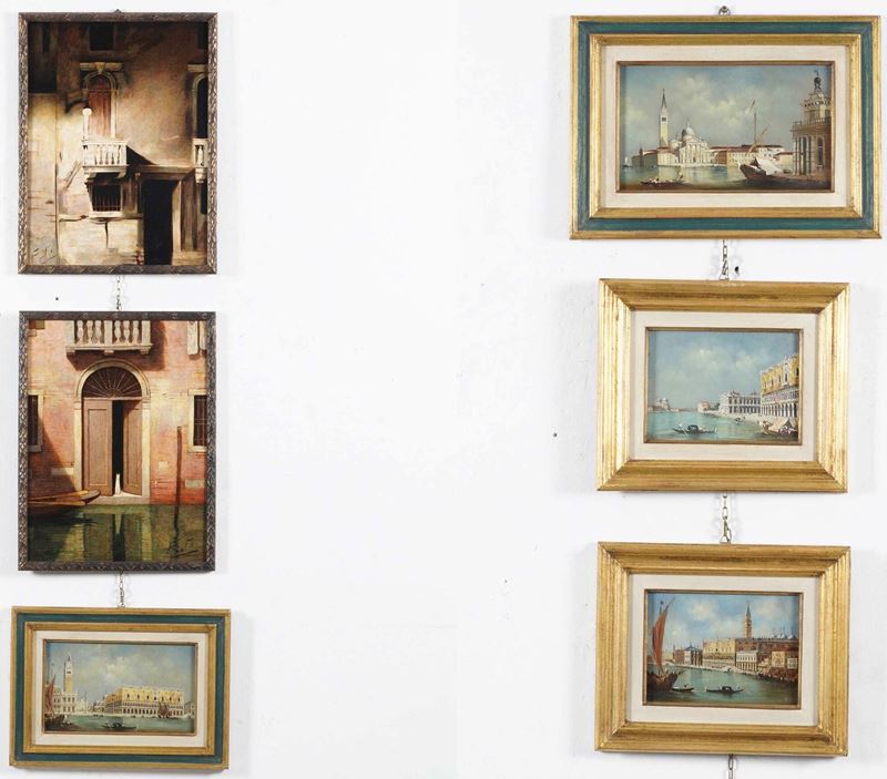 Tre coppie di dipinti con vedute di Venezia. XIX-XX secolo  - Asta Dipinti del XIX-XX Secolo - Cambi Casa d'Aste