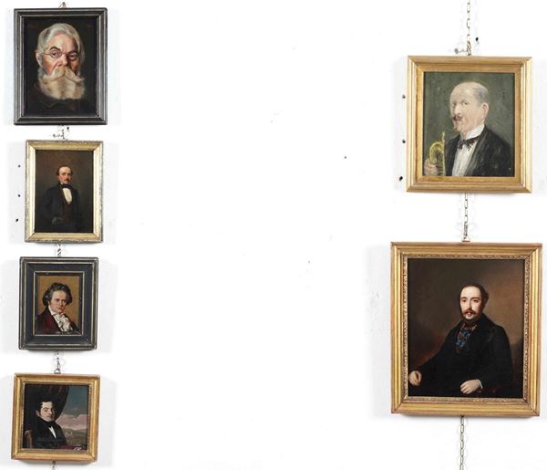 Sei piccoli dipinti con ritratti maschili. XIX-XX secolo