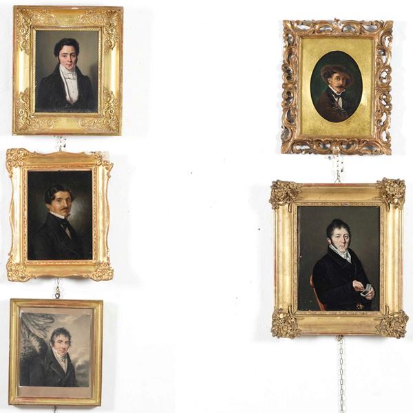 Lotto di 5 ritratti ad olio. XIX-XX secolo