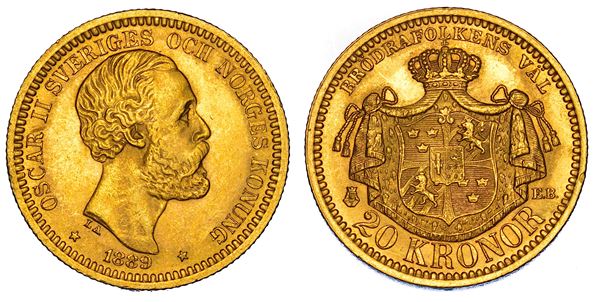 SVEZIA. OSKAR II, 1872-1907. 20 Kronor 1889.