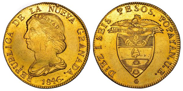 COLOMBIA. REPUBLICA DE NUEVA GRANADA, 1837-1859. 16 Pesos 1846. Popayan.