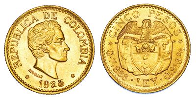 Moneta della Repubblica di Colombia, 5 Pesos 1925, Medellín