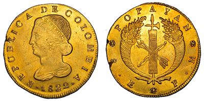 Colombia, Repubblica, 8 Escudos 1822, Popayan, Oro