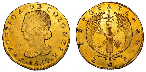 COLOMBIA. REPUBLICA. 8 Escudos 1822. Popayan.