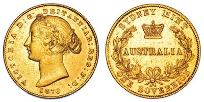 AUSTRALIA, Vittoria Sovereign del 1870, oro, diametro mm. 21,92