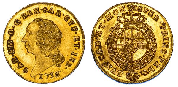 REGNO DI SARDEGNA. CARLO EMANUELE III DI SAVOIA, 1755-1773 (II PERIODO). Mezza Doppia Nuova 1756. Torino.