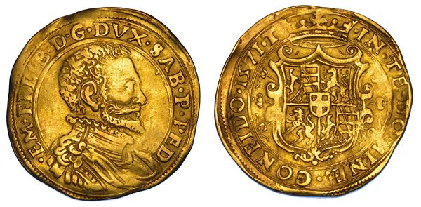 DUCATO DI SAVOIA. EMANUELE FILIBERTO Testa di ferro,  1538-1580. II Periodo Duca, 1559-1580. Doppia 1571. Torino.
