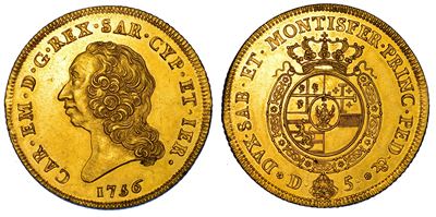 REGNO DI SARDEGNA, Carlo Emanuele III di Savoia, Carlino da 5 doppie 1756, oro, g. 48,01, diam. m...