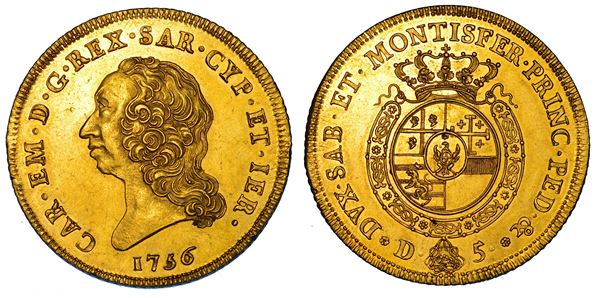 REGNO DI SARDEGNA. CARLO EMANUELE III DI SAVOIA, 1755-1773 (II PERIODO). Carlino da 5 doppie 1756.