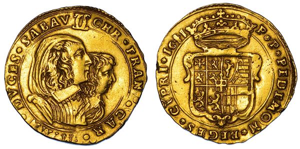 DUCATO DI SAVOIA. CARLO EMANUELE II L'Adriano del Piemonte, 1638-1675. Reggenza della madre CRISTINA DI BORBONE, La Madama Reale. Doppia d'oro 1641. II tipo. Torino.