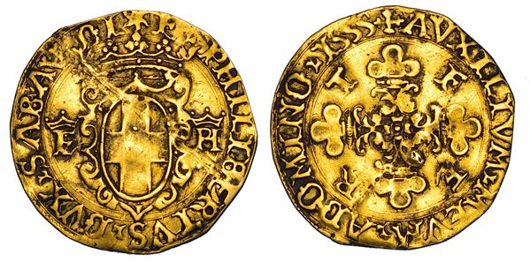 DUCATO DI SAVOIA. EMANUELE FILIBERTO Testa di ferro,  1538-1580. II Periodo Duca, 1559-1580. Scudo d'oro del sole 1555. II tipo. Chambery.