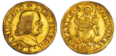 Ludovico II Fieschi, Ducato con volto del duca e San Teonesto, oro, 1528-1632
