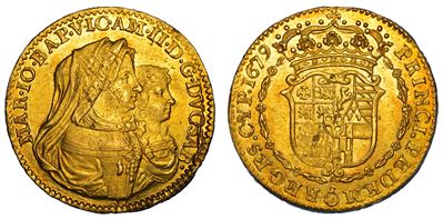 Ducato di Savoia, Vittorio Amedeo II e Maria Giovanna Battista di Savoia Nemours, Doppia 1679, Or...