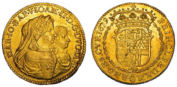 DUCATO DI SAVOIA. VITTORIO AMEDEO II Il primo re sabaudo, 1675-1680. Reggenza della madre MARIA GIOVANNA BATTISTA SAVOIA NEMOURS.   Doppia 1679. Torino.