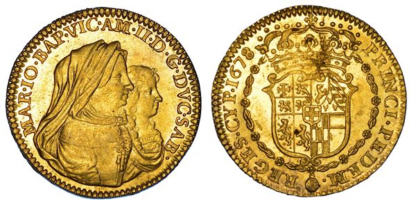 DUCATO DI SAVOIA. VITTORIO AMEDEO II Il primo re sabaudo, 1675-1680. Reggenza della madre MARIA GIOVANNA BATTISTA SAVOIA NEMOURS.   Doppia 1678. Torino.
