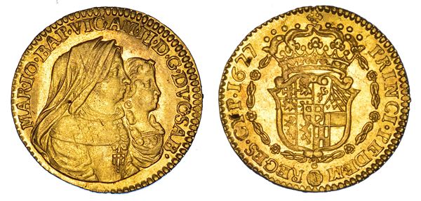 DUCATO DI SAVOIA. VITTORIO AMEDEO II Il primo re sabaudo, 1675-1680. Reggenza della madre MARIA GIOVANNA BATTISTA SAVOIA NEMOURS.   Mezza doppia 1677. Torino.