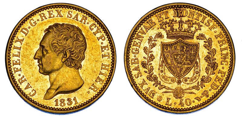 REGNO DI SARDEGNA. CARLO FELICE DI SAVOIA, 1821-1831. 40 Lire 1831. Torino.  - Asta Numismatica - Cambi Casa d'Aste