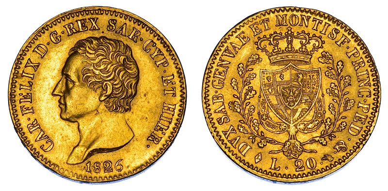 REGNO DI SARDEGNA. CARLO FELICE DI SAVOIA, 1821-1831. 20 Lire 1826. Torino.  - Asta Numismatica - Cambi Casa d'Aste