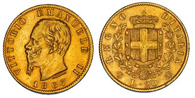 Regno d'Italia, Vittorio Emanuele II di Savoia, 20 Lire 1867, oro, Torino