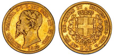 Regno di Sardegna, Vittorio Emanuele II di Savoia, 10 Lire 1860, Oro