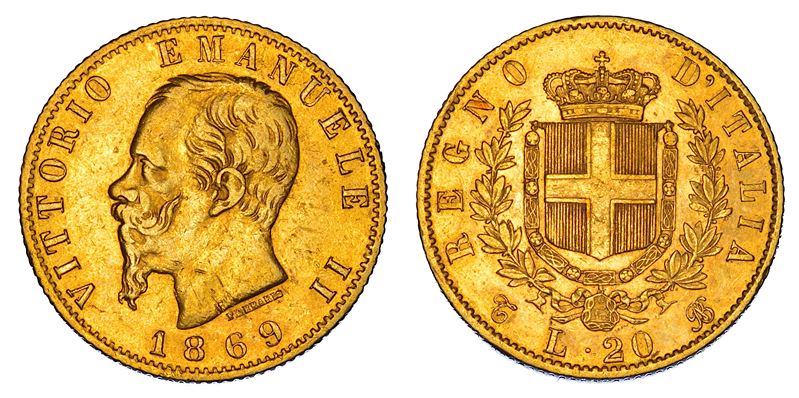REGNO D'ITALIA. VITTORIO EMANUELE II DI SAVOIA, 1861-1878. 20 Lire 1869. Torino.  - Auction Numismatics - Cambi Casa d'Aste